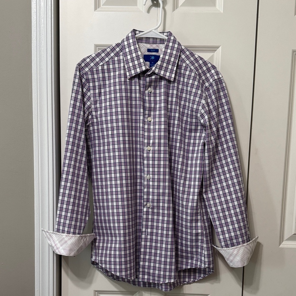 Burgundy/Navy and White Plaid Casual Button Down Shirt with Plaid Lined Cuff